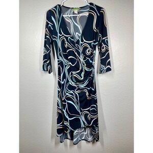 Kona Abstract Swirl Print Wrap Dress Midi Blue Beige Black 3/4 Sleeve see flaw